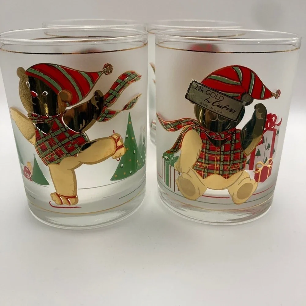 Vtg Culver Frosted Yule Bear Old Fashioned Glass Set of 4 22K‎ Gold USA